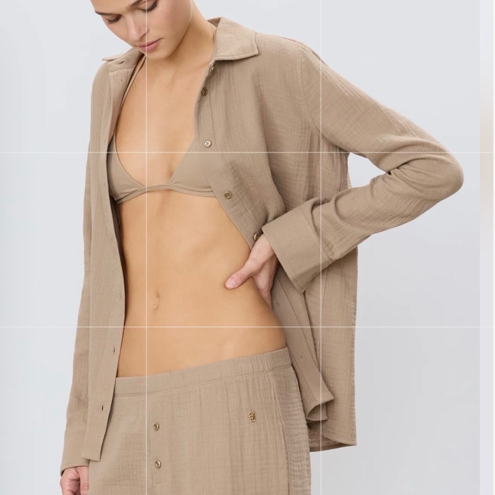 ÉTERNE Gauze Button-Up Top – Taupe – Size Small – New With Tags